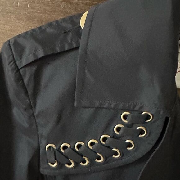 St John SoCa Black Light-Weight Trench Coat Leopard Lined Sz Petite Small - Picture 2 of 7